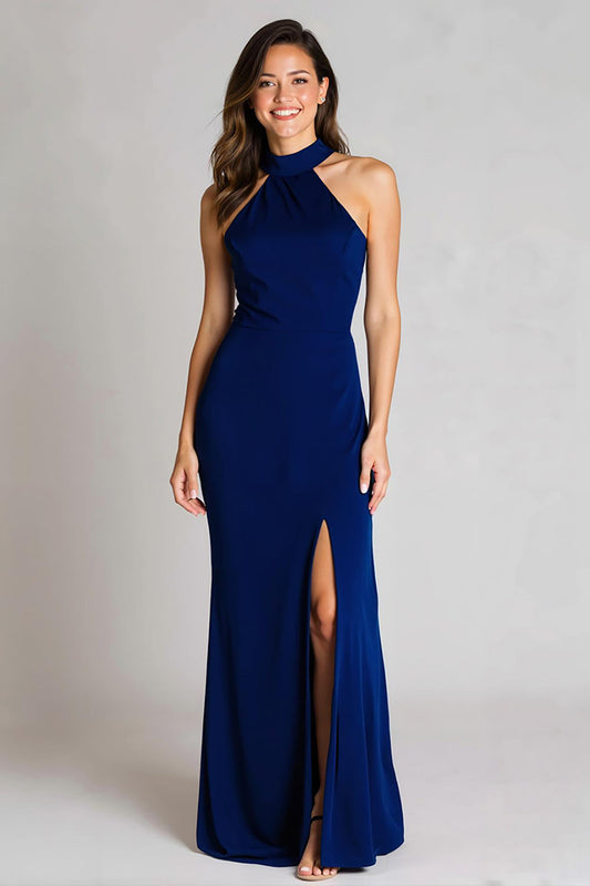 Navy Sheath Satin High Neck Long Formal Dress with Slit