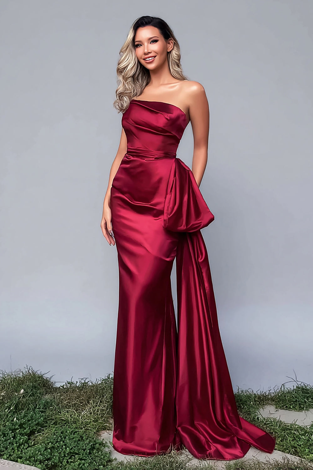 Burgundy Satin Strapless Ruched Long Formal Dress with Side Cape
