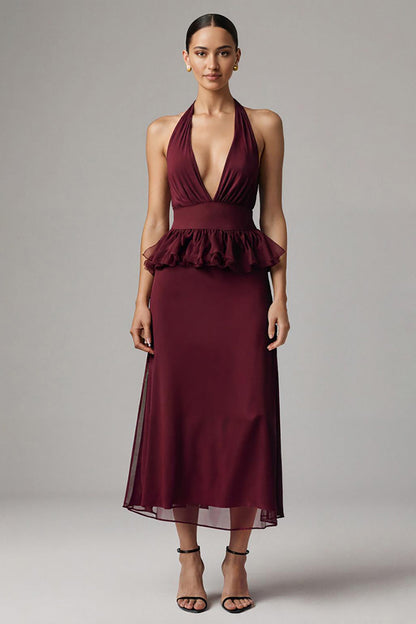 Burgundy Chiffon Deep V-Neck Halter Long Formal Dress with Ruffles