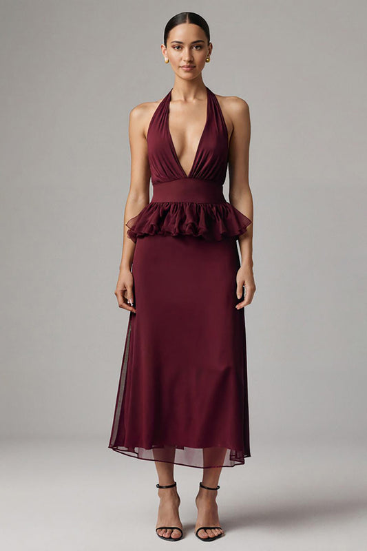Burgundy Chiffon Deep V-Neck Halter Long Formal Dress with Ruffles