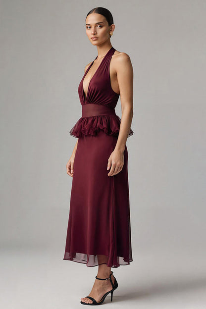 Burgundy Chiffon Deep V-Neck Halter Long Formal Dress with Ruffles