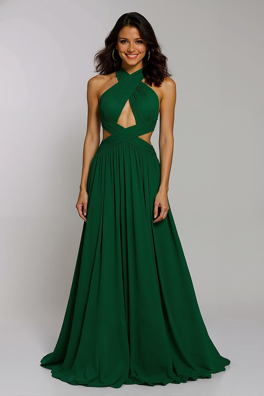 Dark Green Halter A Line Open Back Long Formal Dress