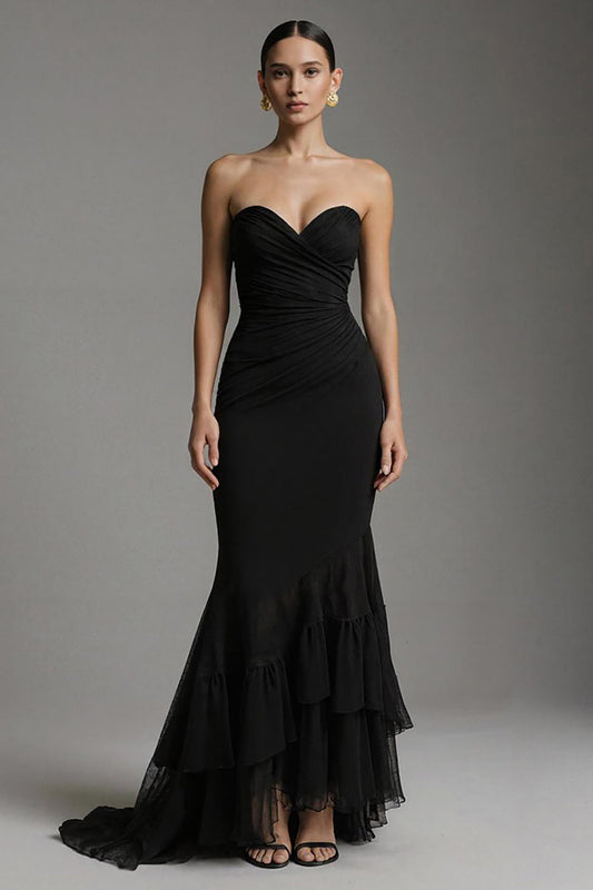 Black Sweetheart Mermaid Sweep Train Long Formal Dress with Ruffles