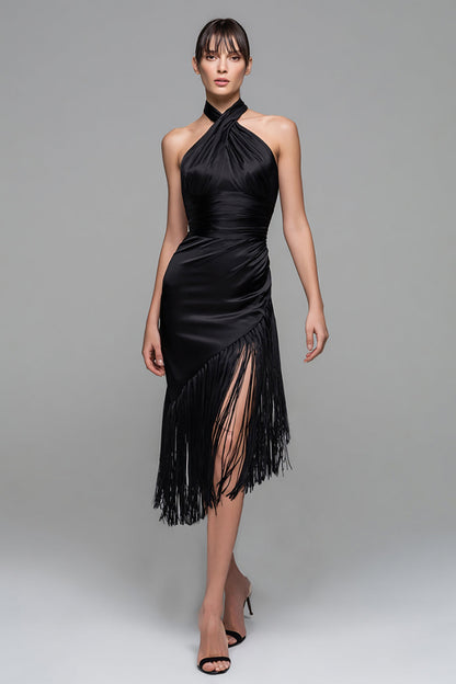 Black Halter Sheath Midi Formal Dress with Fringes
