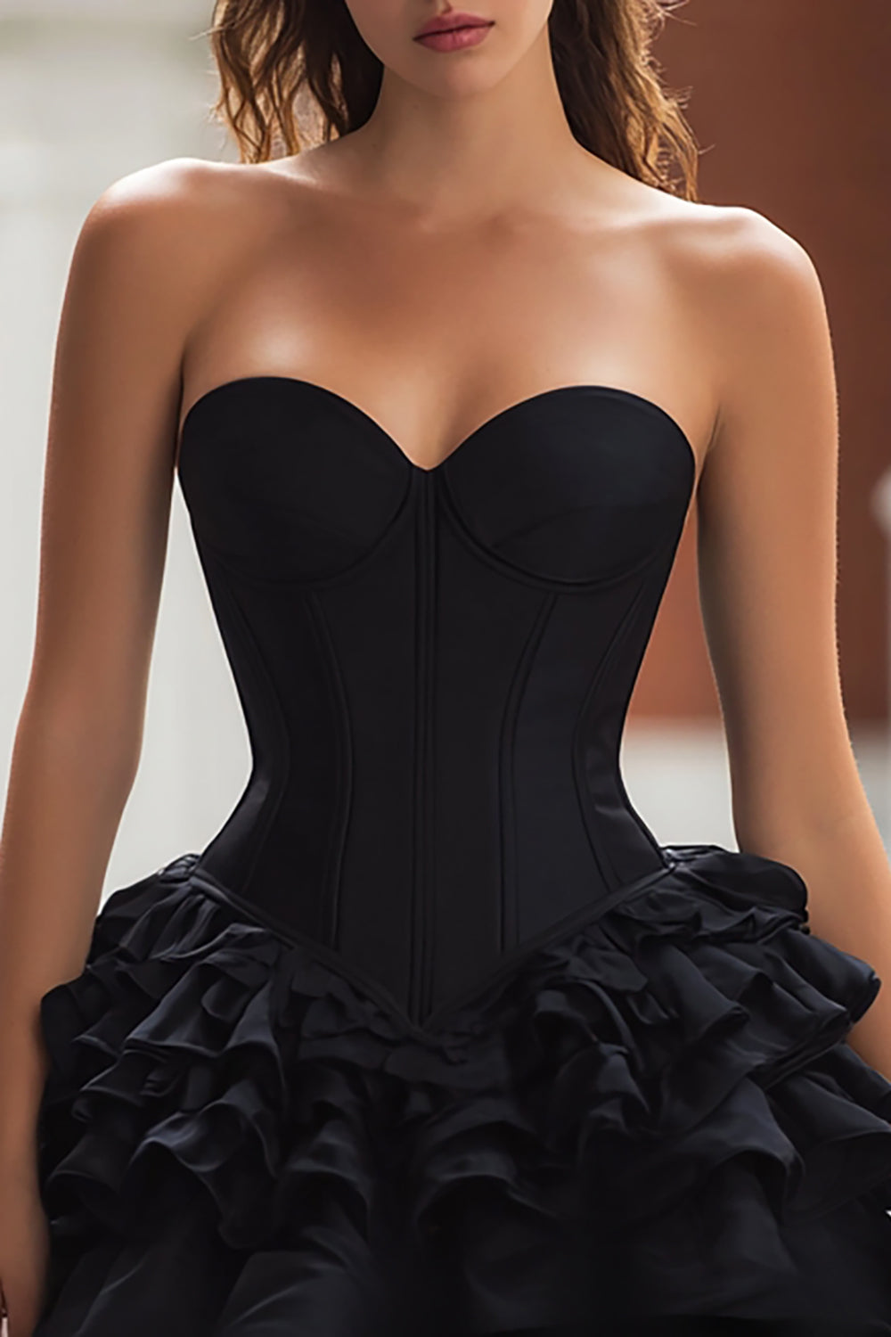 Black Satin Tiered Short Corset Cocktail Dress with Ruffles