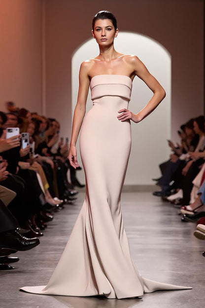 Champagne Mermaid Satin Strapless Long Evening Dress