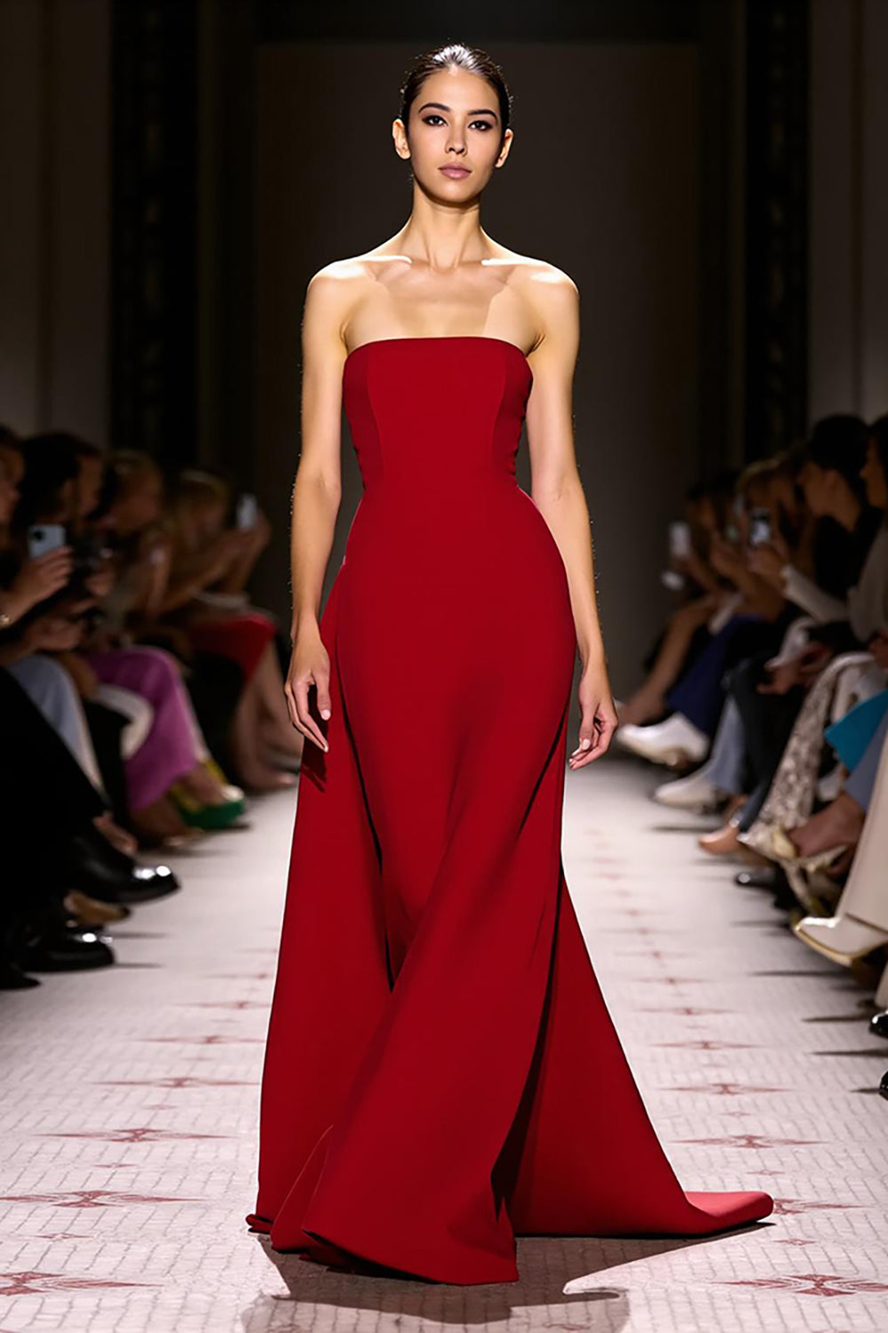 Red Satin A Line Strapless Long Evening Dress