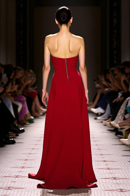 Red Satin A Line Strapless Long Evening Dress