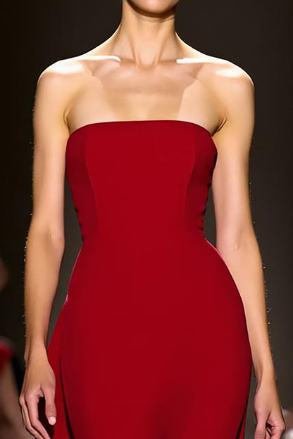 Red Satin A Line Strapless Long Evening Dress