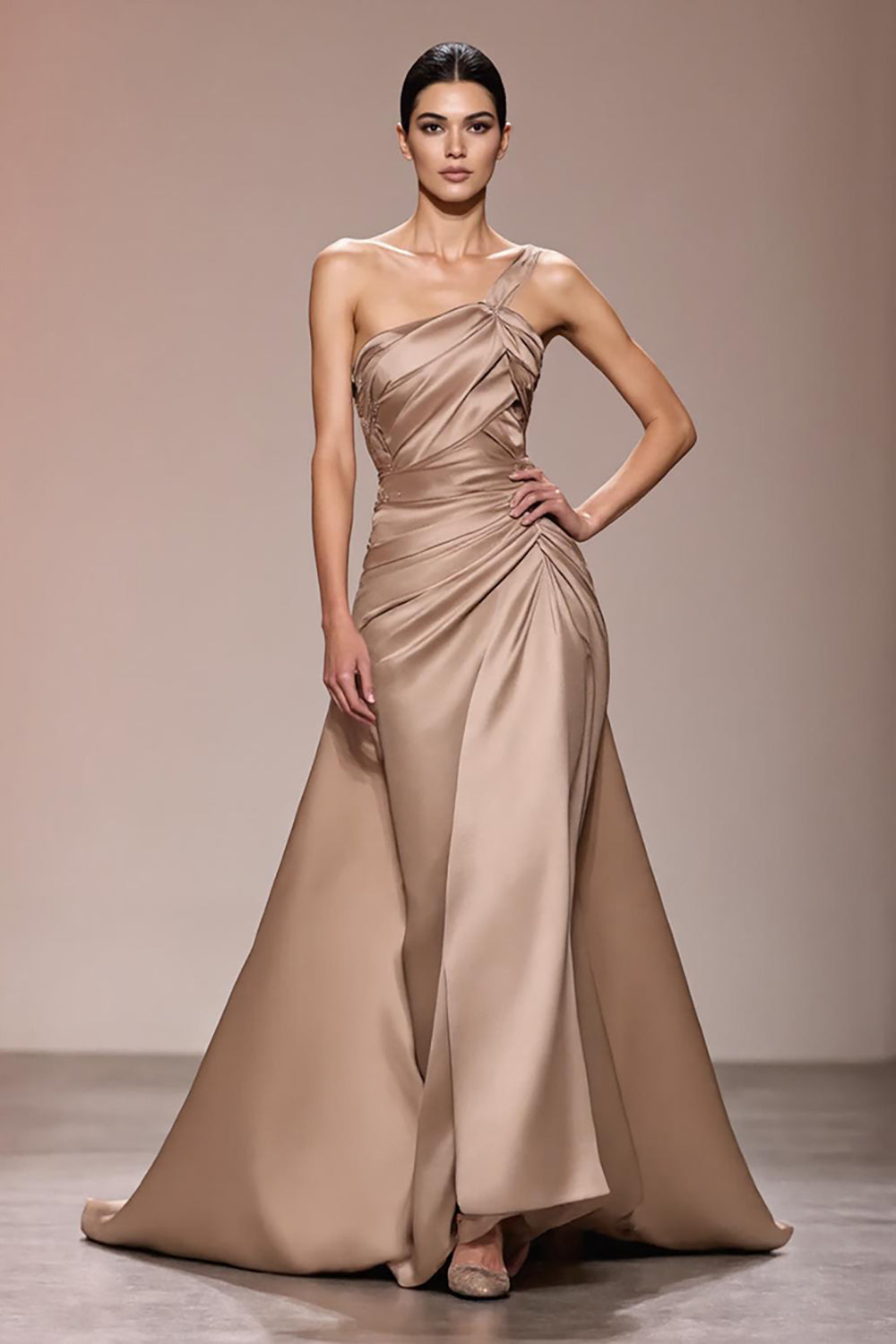 Champagne Satin Ruched Long Evening Dress