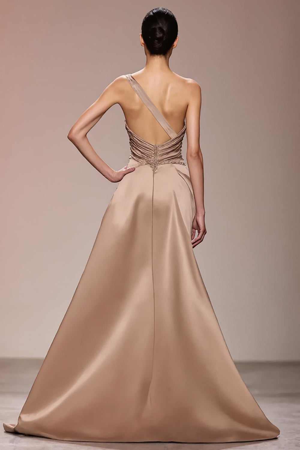 Champagne Satin Ruched Long Evening Dress