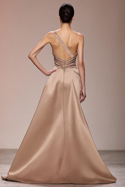 Champagne Satin Ruched Long Evening Dress