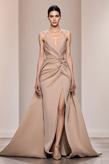Champagne Satin Backless Ruched Long Evening Dress With Slit