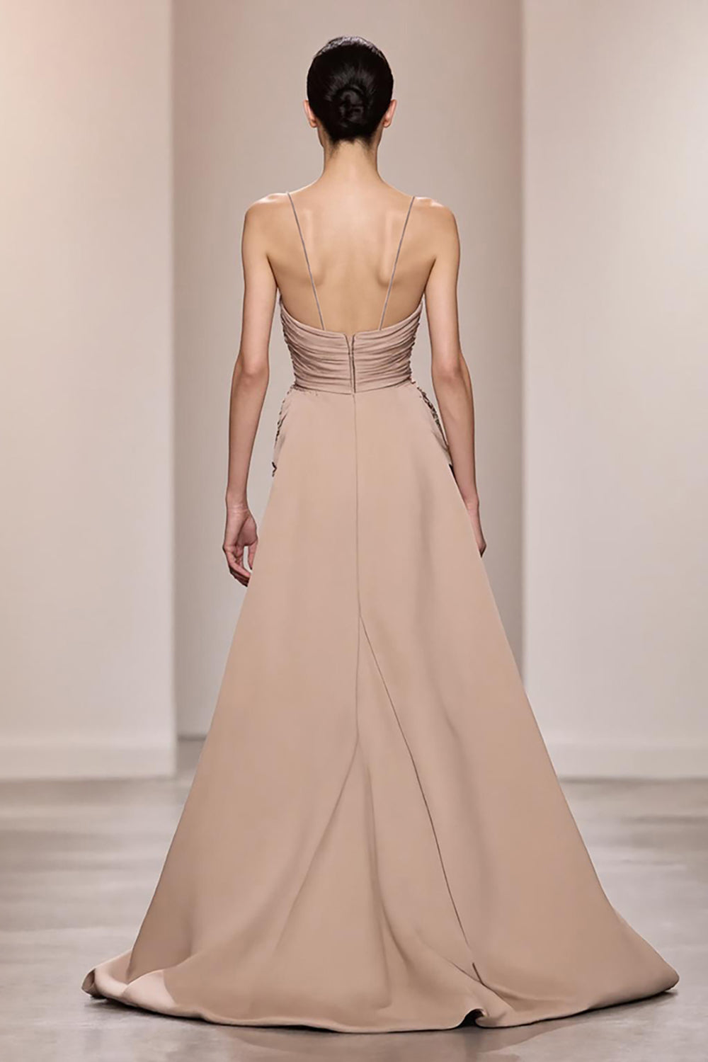 Champagne Satin Backless Ruched Long Evening Dress With Slit