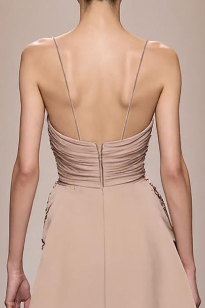 Champagne Satin Backless Ruched Long Evening Dress With Slit