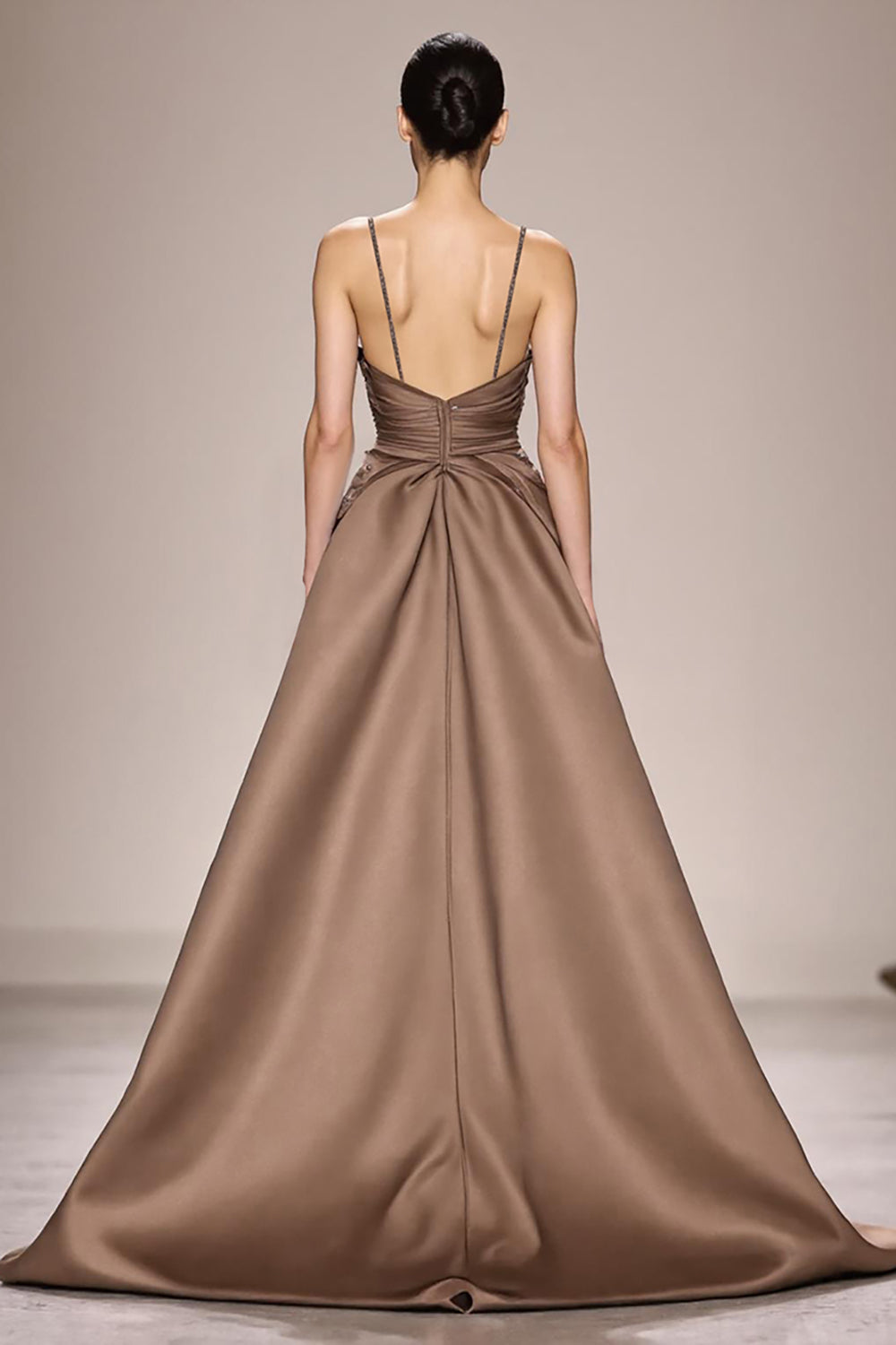 Coffee Satin Ruched A Line Long Evening Dress With Slit
