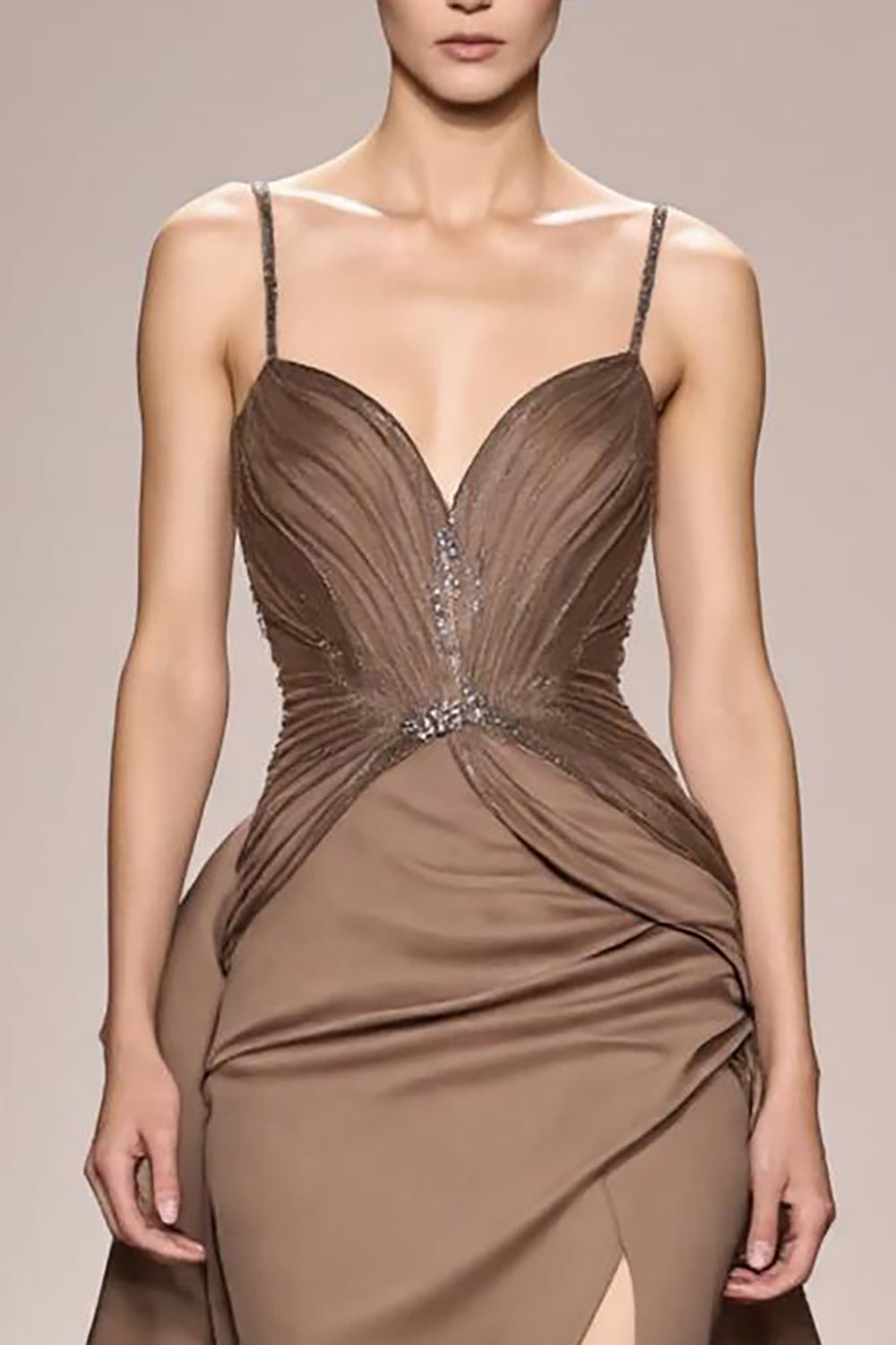 Coffee Satin Ruched A Line Long Evening Dress With Slit