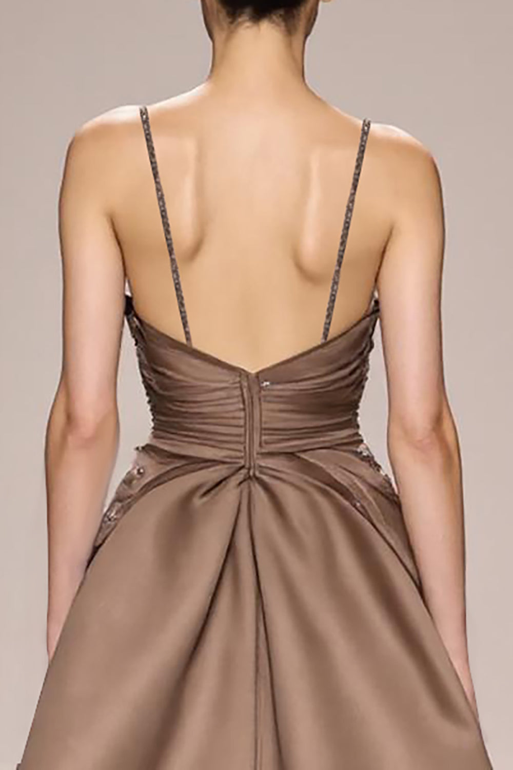 Coffee Satin Ruched A Line Long Evening Dress With Slit