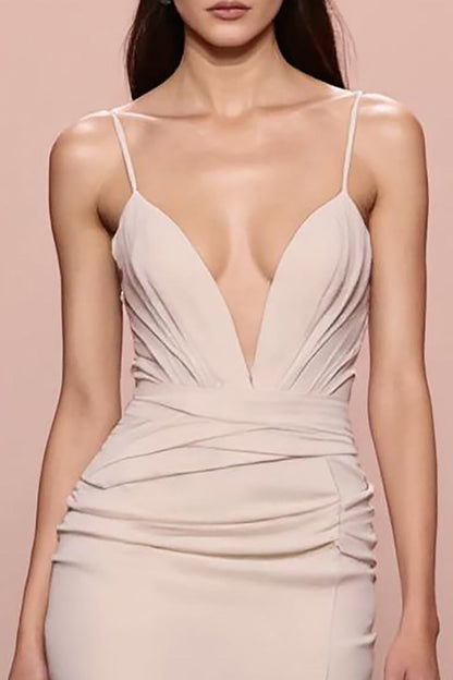 Ivory Sheath Satin Ruched Evening Dress With Slit