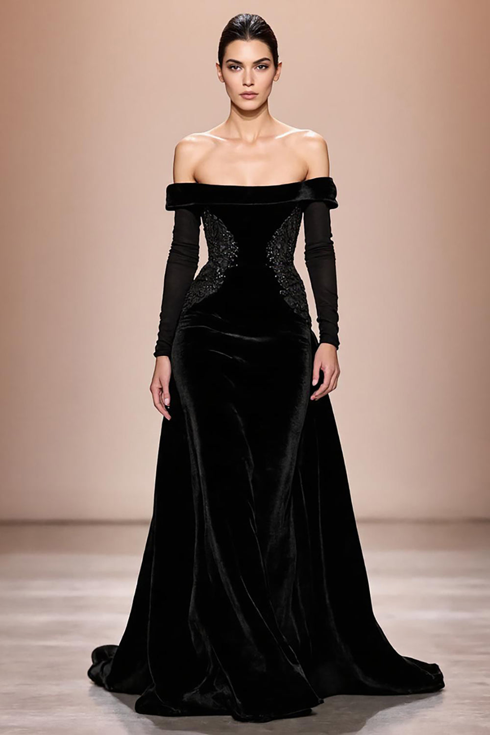 Black Velvet Off The Shoulder Long Evening Dress With Sleeves