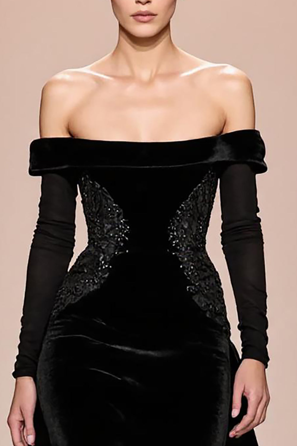 Black Velvet Off The Shoulder Long Evening Dress With Sleeves