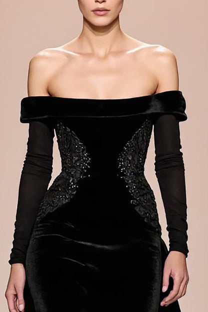 Black Velvet Off The Shoulder Long Evening Dress With Sleeves