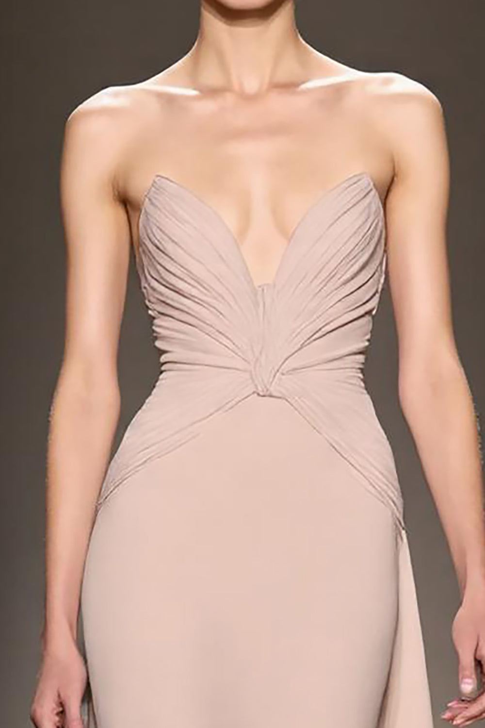 Champagne Satin Strapless Ruched Maxi Evening Dress