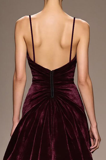 Burgundy Velvet A Line Spaghetti Straps Long Evening Dress