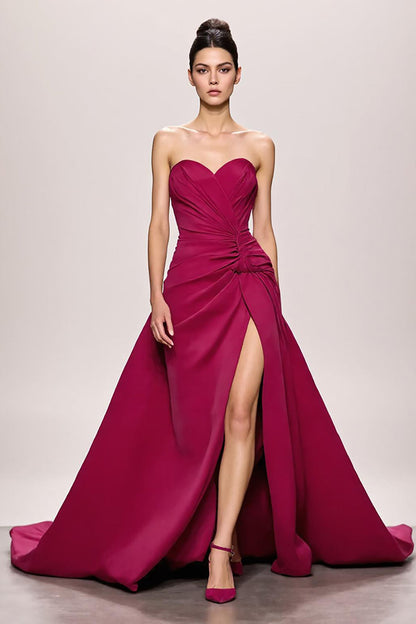 Fuchsia Satin A Line Ruched Strapless Long Evening Dress With Slit