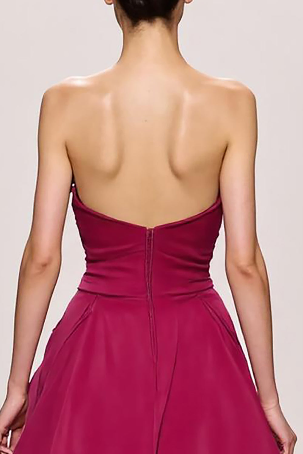 Fuchsia Satin A Line Ruched Strapless Long Evening Dress With Slit
