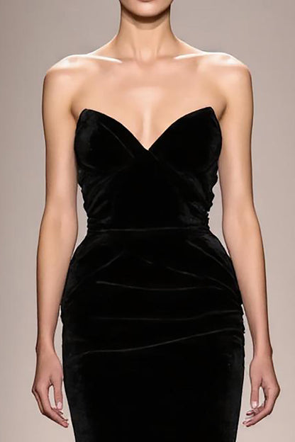Black Mermaid Velvet Strapless Long Evening Dress