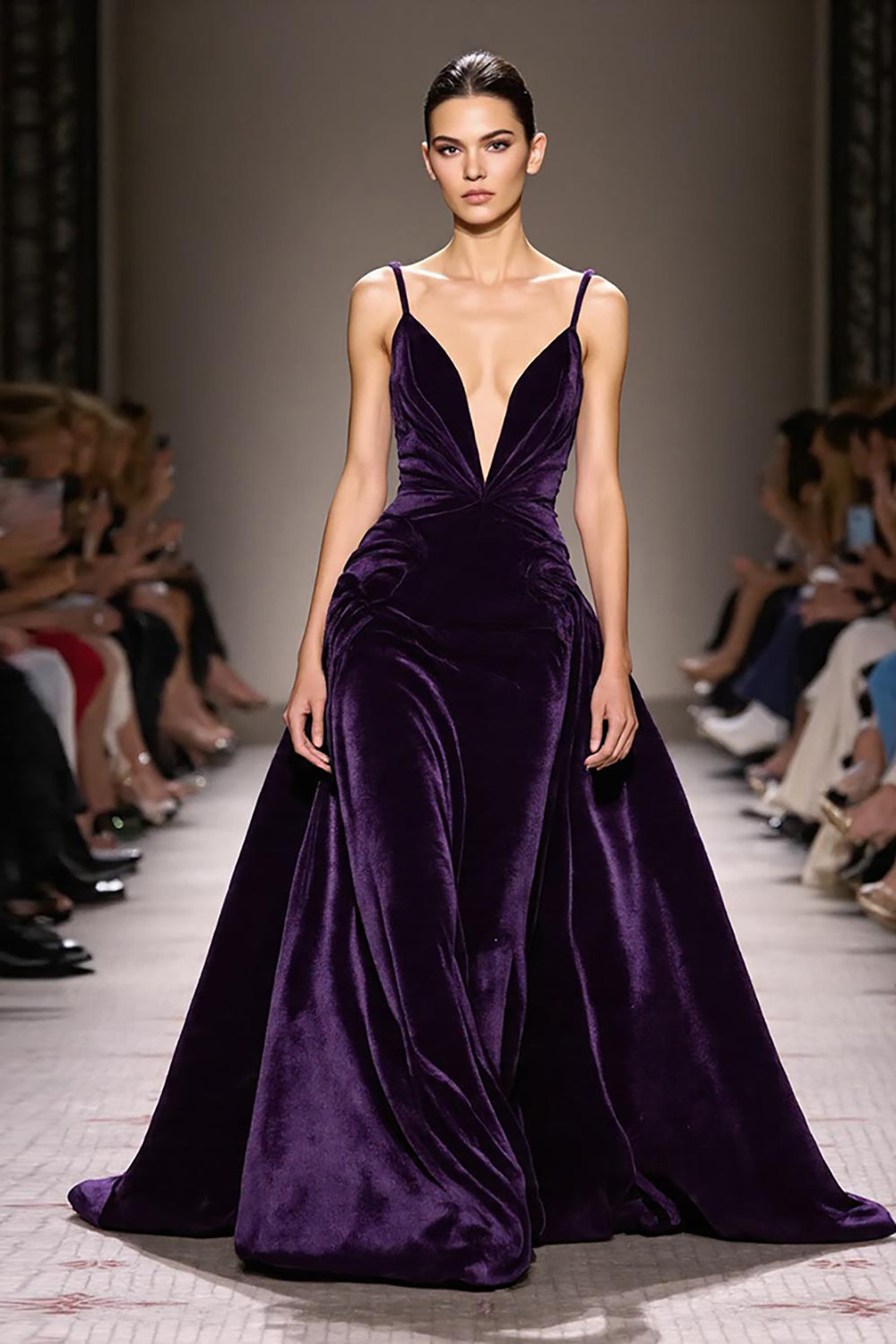 Dark Purple Velvet A Line Deep V-Neck Long Evening Dress