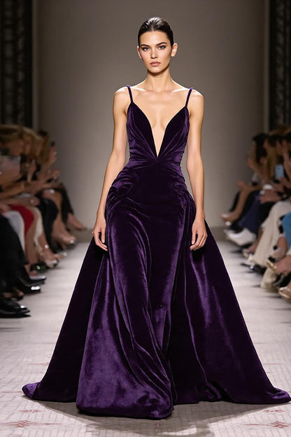 Dark Purple Velvet A Line Deep V-Neck Long Evening Dress
