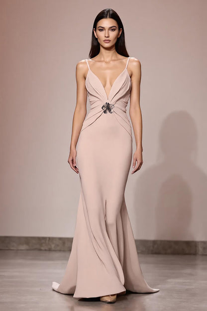 Champagne Satin Ruched Maxi Evening Dress