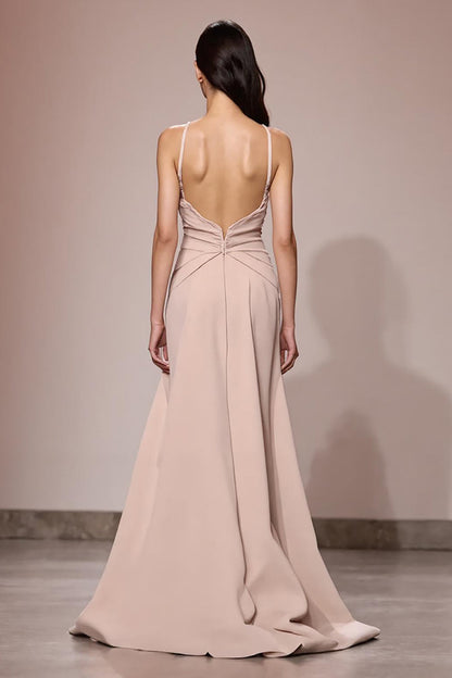 Champagne Satin Ruched Maxi Evening Dress