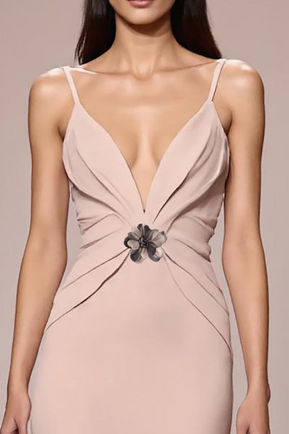Champagne Satin Ruched Maxi Evening Dress