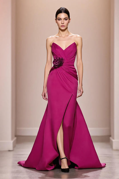 Fuchsia Satin A Line Strapless Long Evening Dress With 3D Flower