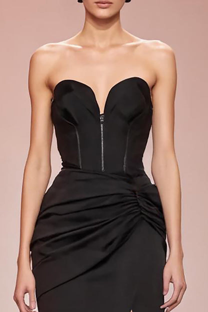 Black Mermaid Satin Strapless Long Evening Dress with Slit