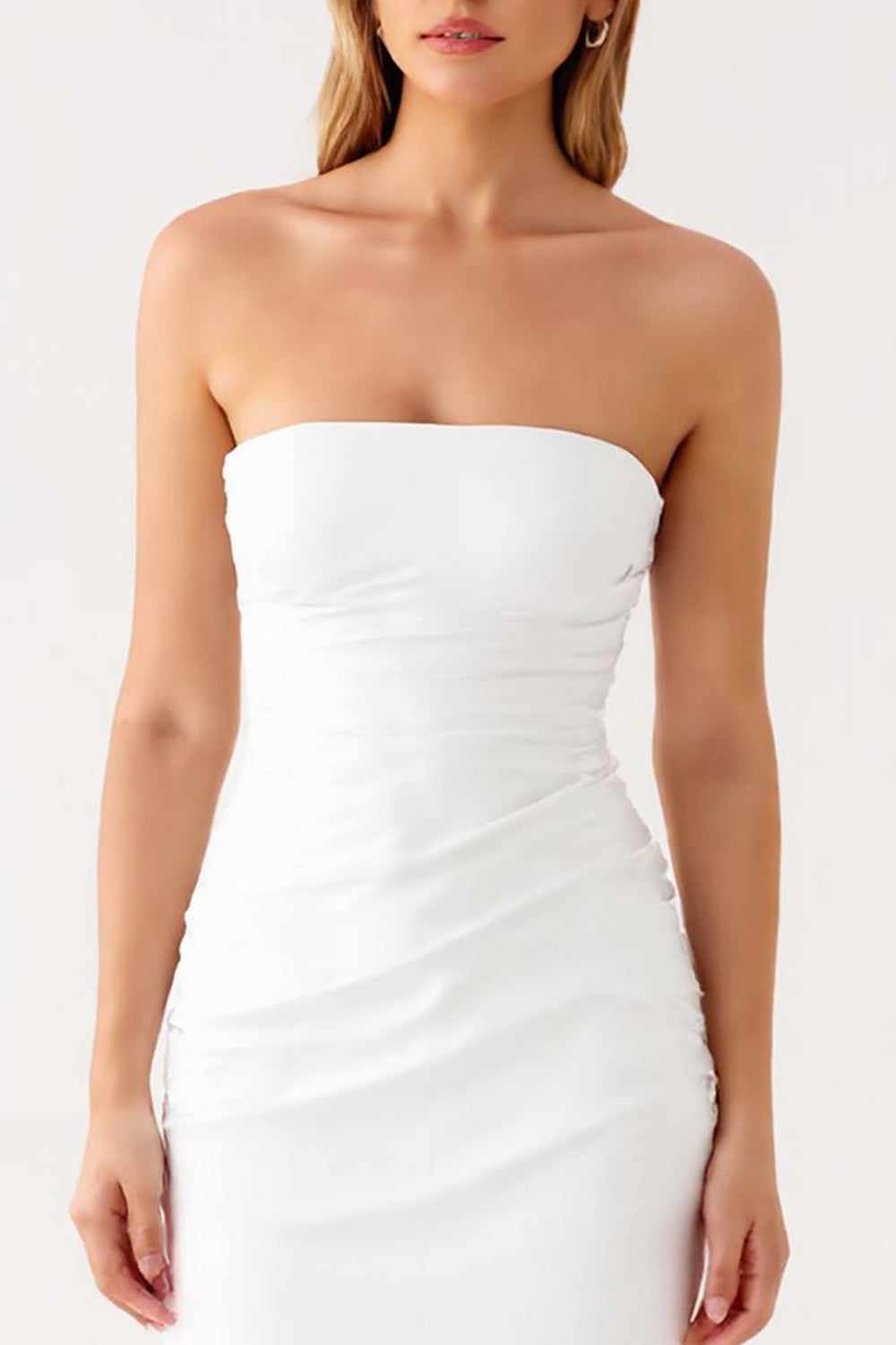 Strapless Ivory Satin Ruched Simple Evening Dress