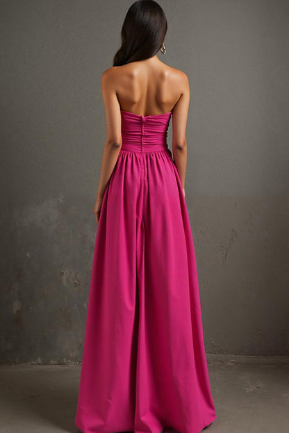 Fuchsia A Line Ruched Cottton Strapless Evening Dress