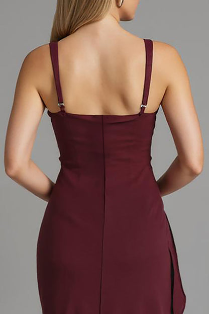 Dark Red Spaghetti Straps Sheath Satin Evening Dress with Slit