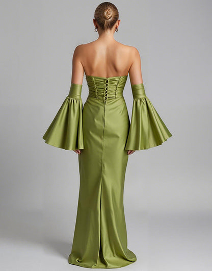 Turquoise Puff Sleeve Ruched Strapless Mermaid Evening Dress
