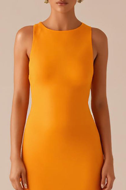 Yellow Round Neck Sleeveless Long Evening Dress
