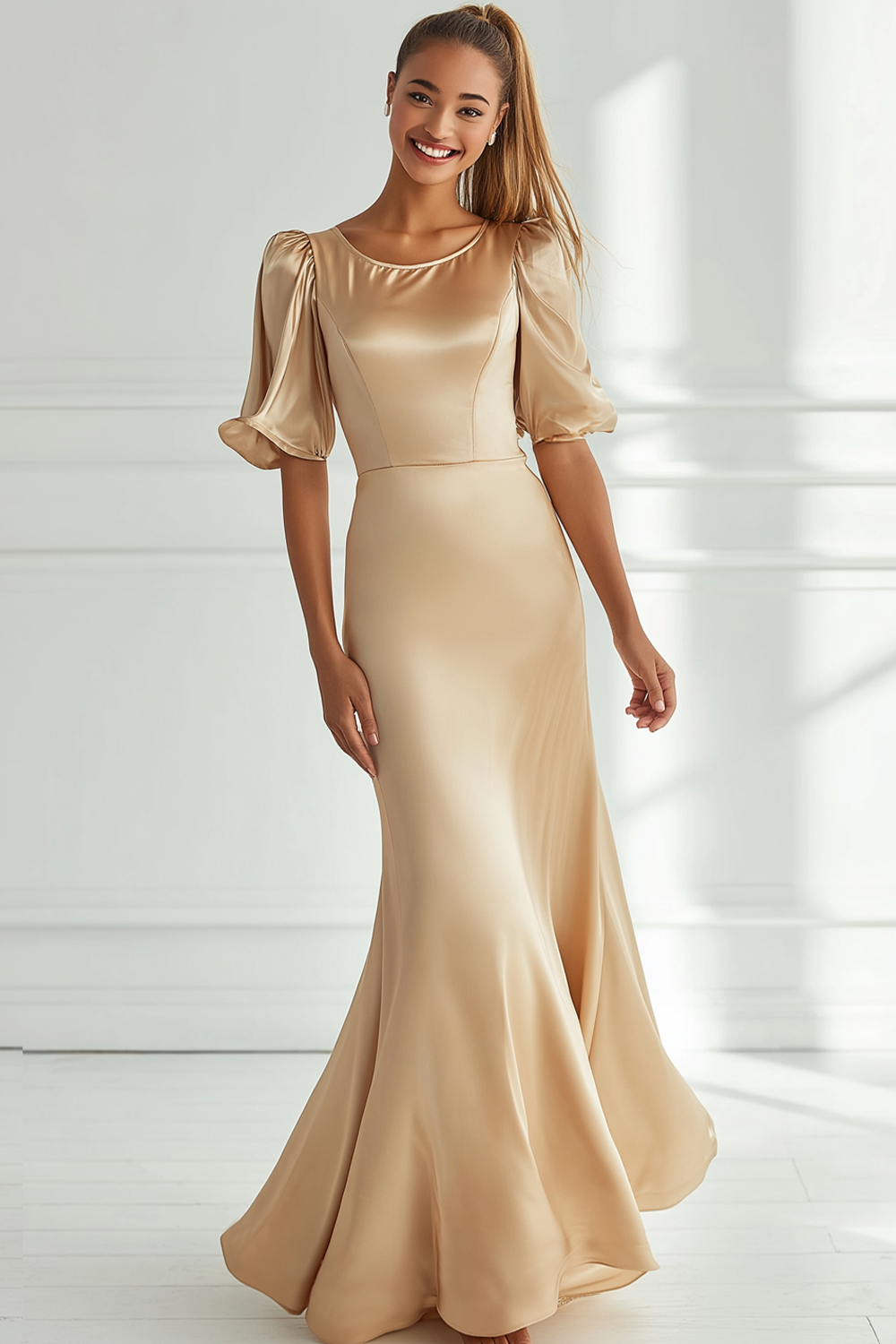 Champagne Mermaid Satin Long Formal Dress with Short Sleeves