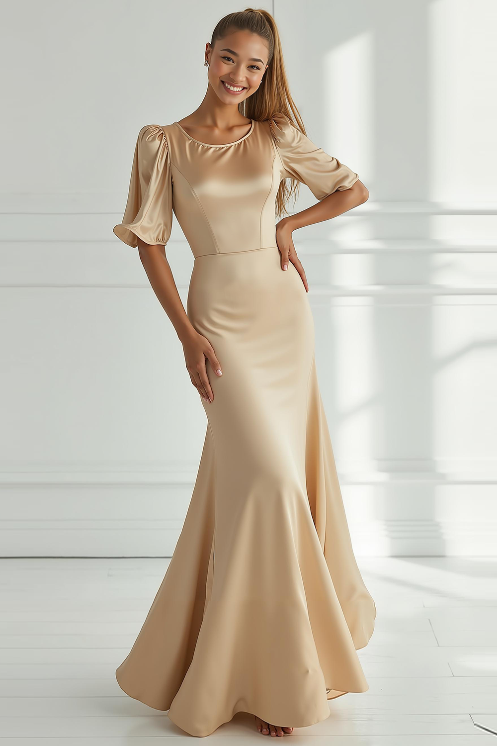 Champagne Mermaid Satin Long Formal Dress with Short Sleeves