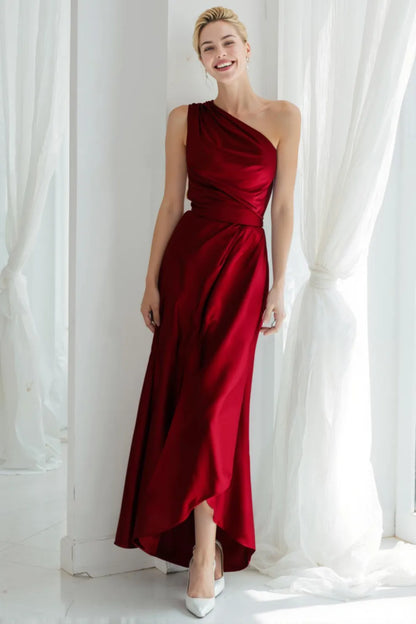 Blue Satin One Shoulder Ruched Long Bridesmaid Dress