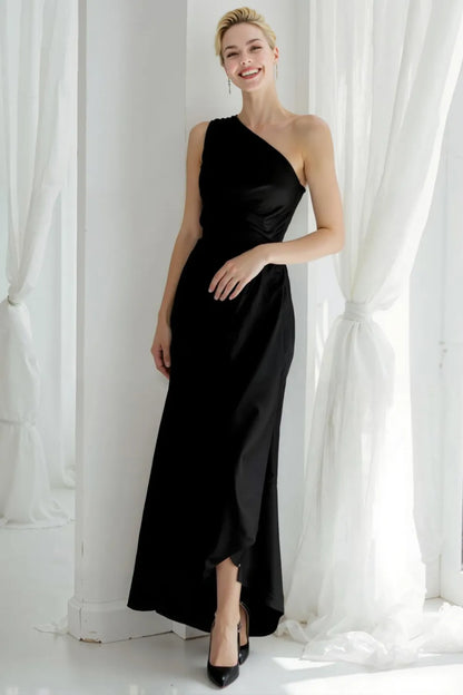 Blue Satin One Shoulder Ruched Long Bridesmaid Dress