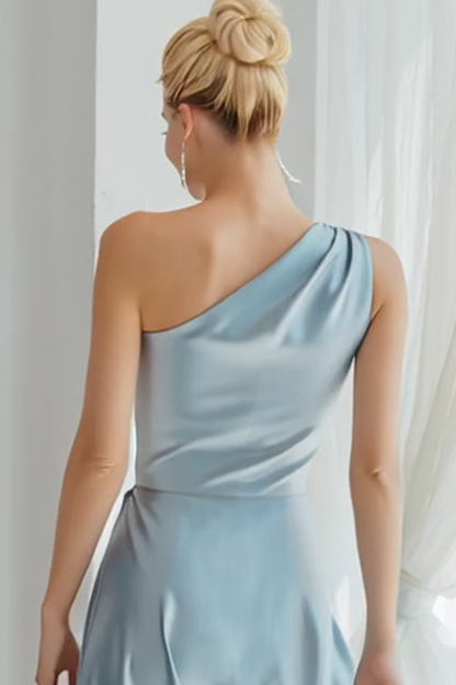 Blue Satin One Shoulder Ruched Long Bridesmaid Dress