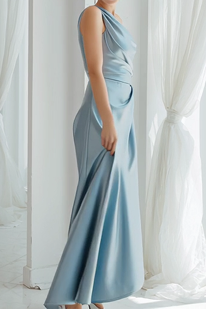 Blue Satin One Shoulder Ruched Long Bridesmaid Dress