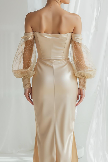 Champagne Satin Off The Shoulder Sheath Long Bridesmaid Dress with Sleeves